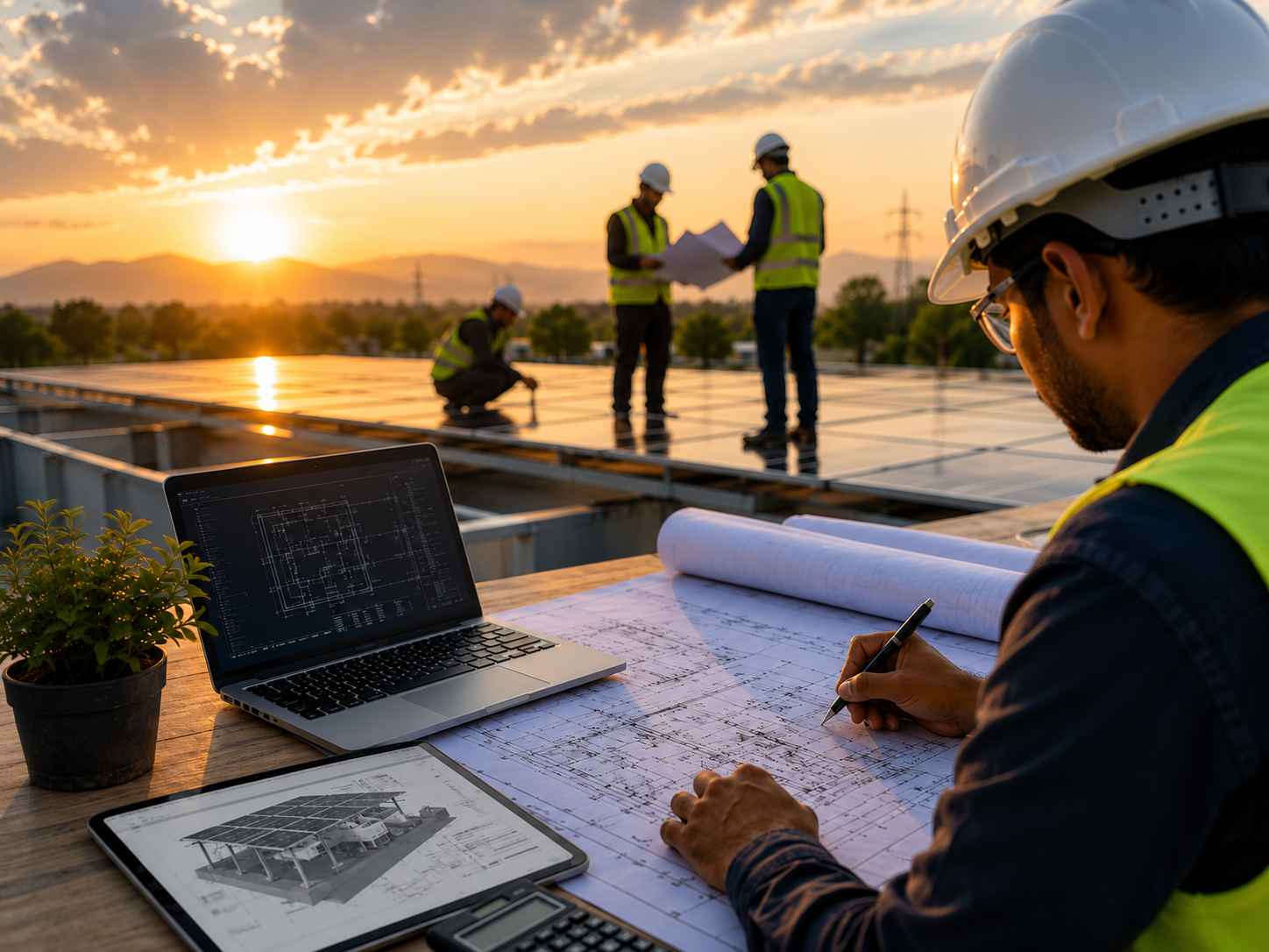 Solar engineer inspecting and designing a rooftop solar installation in Kerala