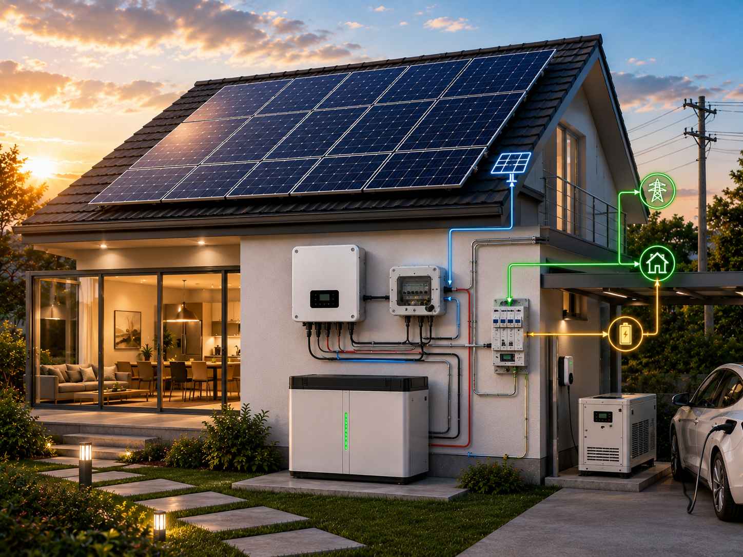 Hybrid solar system with inverter and battery storage for backup power