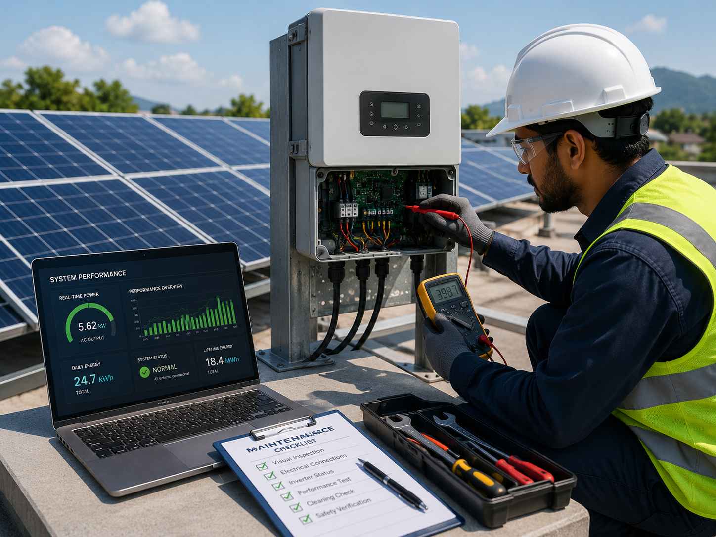 Technician performing solar panel maintenance and inspection in Kerala