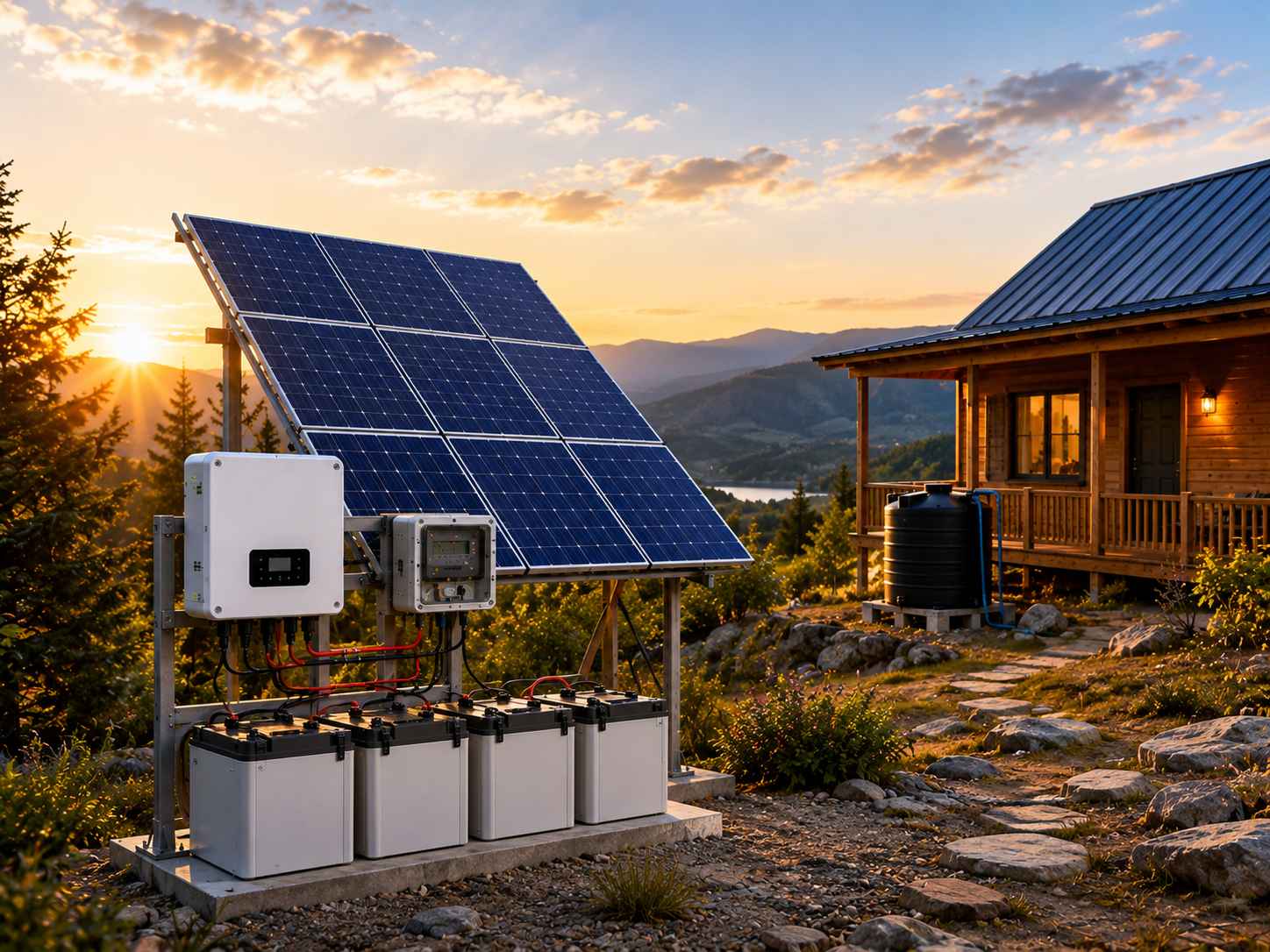 Off-grid solar power system with battery backup for independent electricity supply