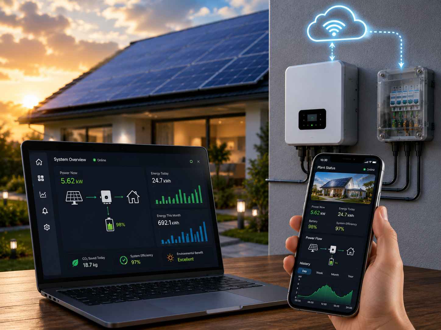Solar performance monitoring dashboard showing system output and energy generation