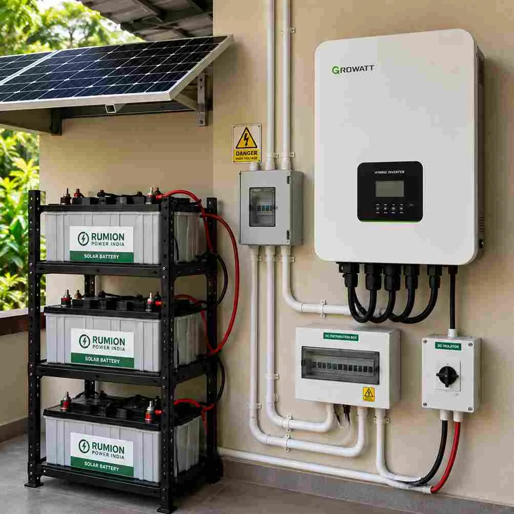 Hybrid solar system with solar panels inverter and battery backup in Kerala