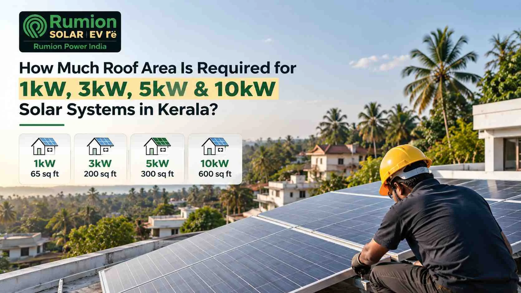 Roof area required for solar panels in Kerala for 1kW, 3kW, 5kW and 10kW systems