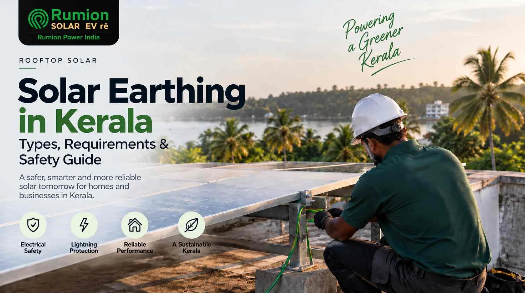Solar earthing in Kerala with rooftop solar panels and a technician installing the earthing system